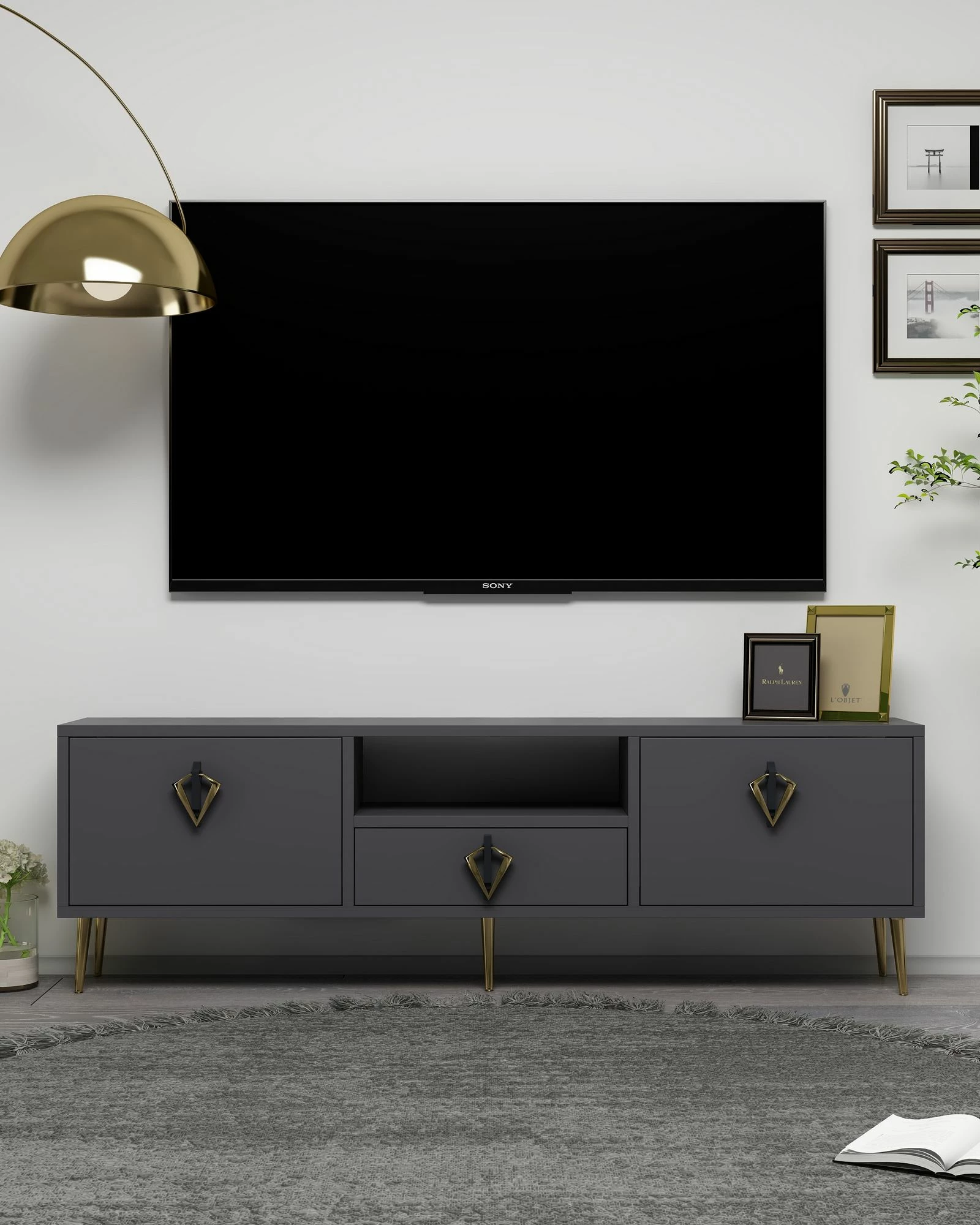 Komodë TV Skye Decor, anthracite, e zezë, e artë, 1311-DROP-32