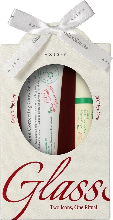 Set serumi për fytyrë dhe sy AXIS-Y Glass Skin Duo Dark Spot Correcting Glow Serum + Vegan Collagen Eye Serum për femra, 50ml + 10ml