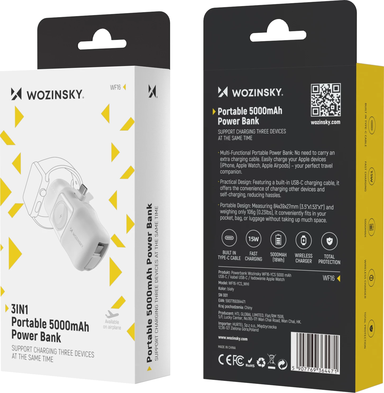 Powerbank Wozinsky WF16-YCS, 5000mAh, 15W, me kabllo USB-C të integruar dhe karikues për Apple Watch, Bardhë