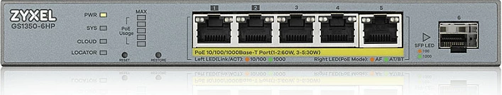 Switch Zyxel GS1350-6HP-EU0101F, Managed, L2, Gigabit Ethernet, PoE, Wall mountable