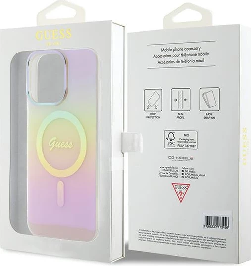 Mbështjellës Guess IML Iridescent MagSafe për iPhone 15 Pro, rozë