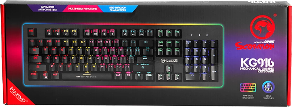 Tastierë gaming mekanike Marvo KG916, full size 104 taste, blue switch, RGB, USB me kabllo 1.6 m, e zezë