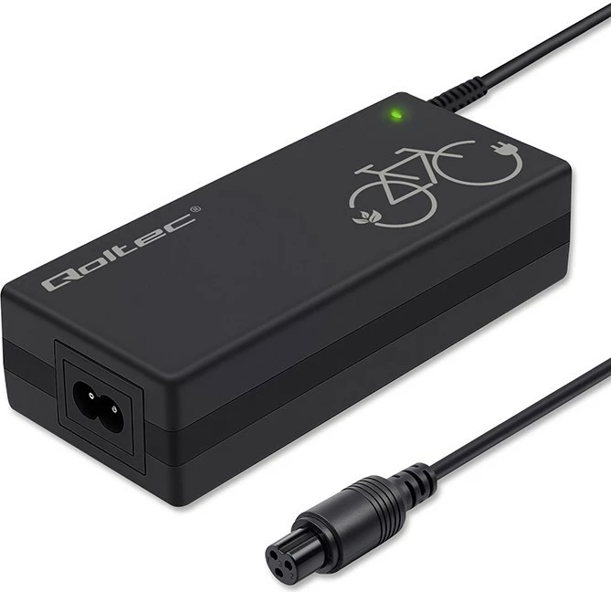 Karikues biçiklete elektrike, Qoltec, 52619, 42V 2A (84W), për bateri 36V, lidhës GX12-3Pin, IP54, me kabllo rryme, zi