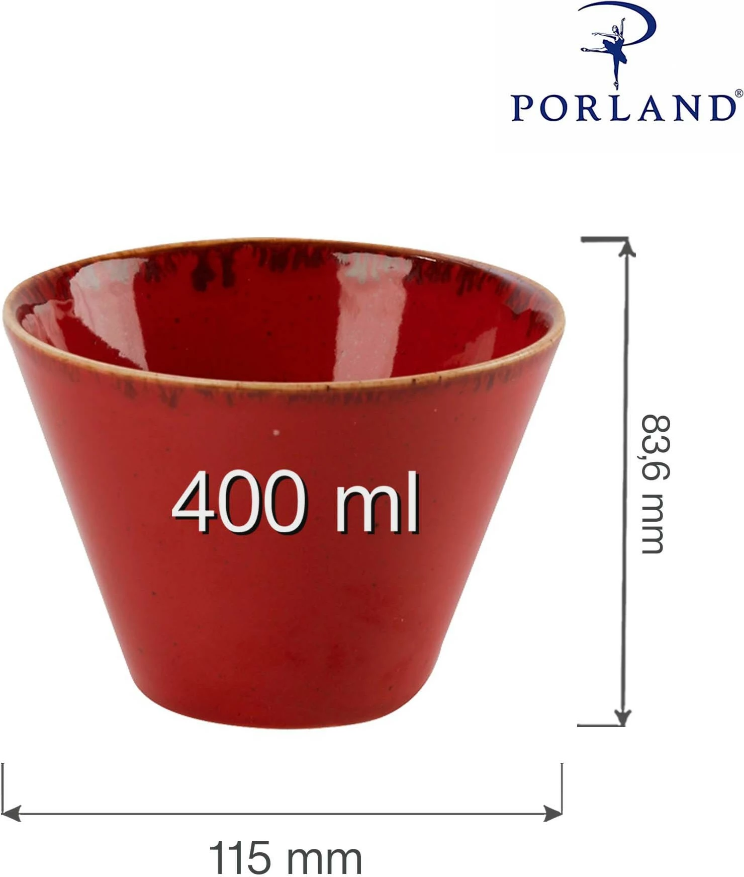 Tas konik Porland Seasons Magma 400 ml, porcelan, 115 mm, kuqe, set 6 copë