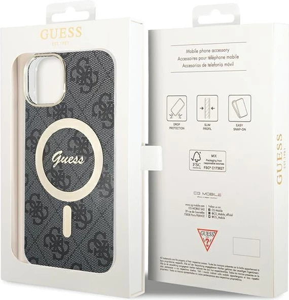 Mbështjellës Guess 4G MagSafe për iPhone 15 Plus / 14 Plus, i zi