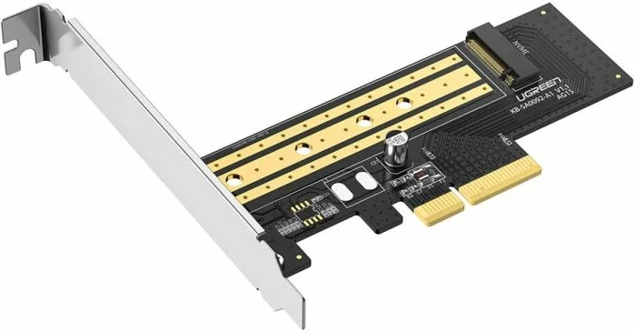 Adapter PCIe në M.2 NVMe UGREEN 70503, PCIe 3.0 x4, për SSD 2230/2242/2260/2280, deri 4TB, 32Gbps, e zezë, set me vida + kaçavidë