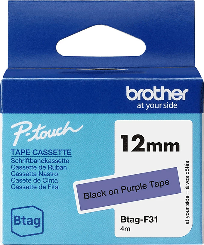 Kasetë shirit etikete Brother Btag-F31 për P-touch PT-N10/PT-N20/PT-N25BT, 12mm x 4m, Black on Purple