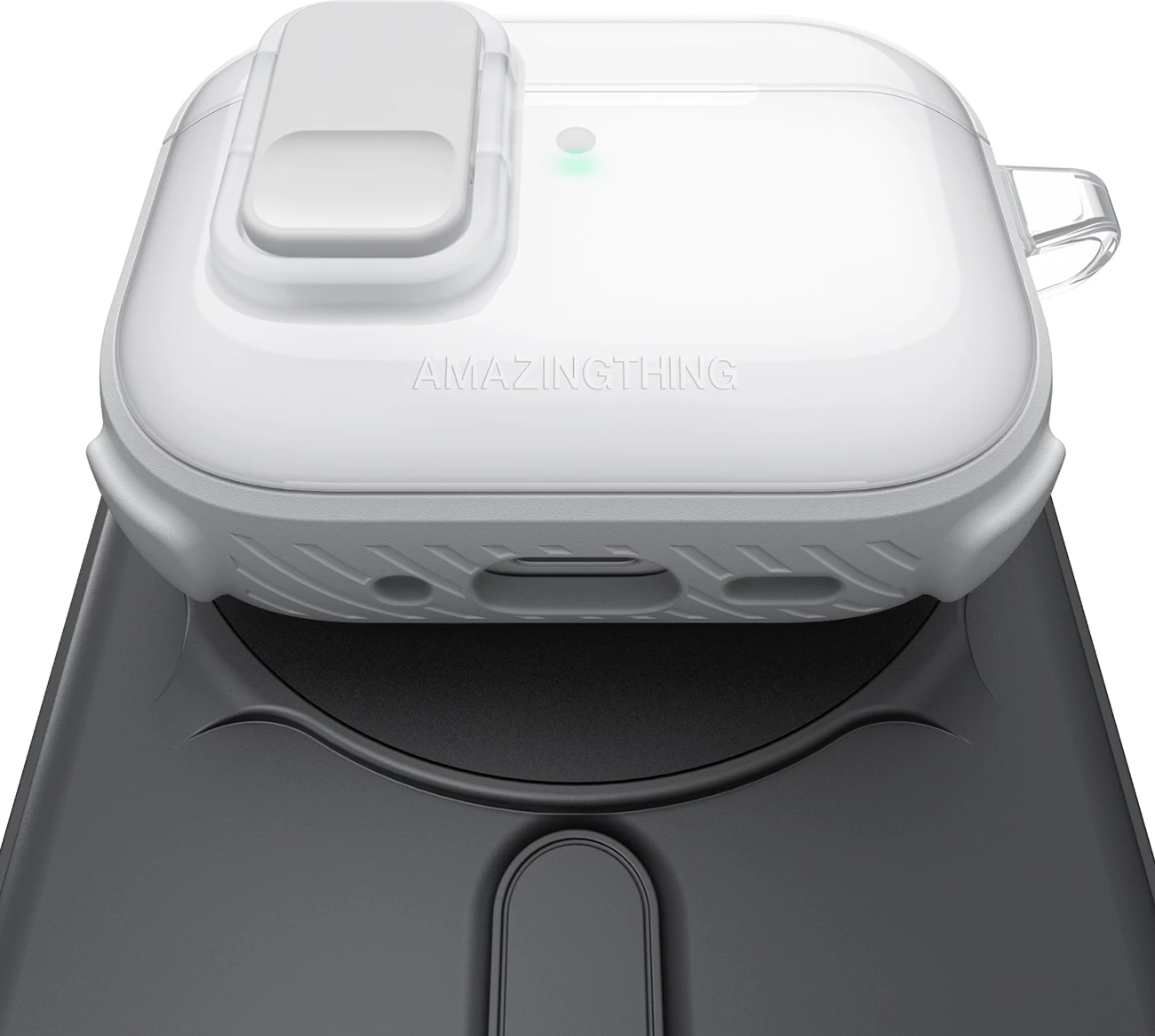 Mbështjellës AmazingThing Titan Pro Mag për AirPods Pro 3, PC/TPU, me karabinë, i tejdukshëm, i bardhë
