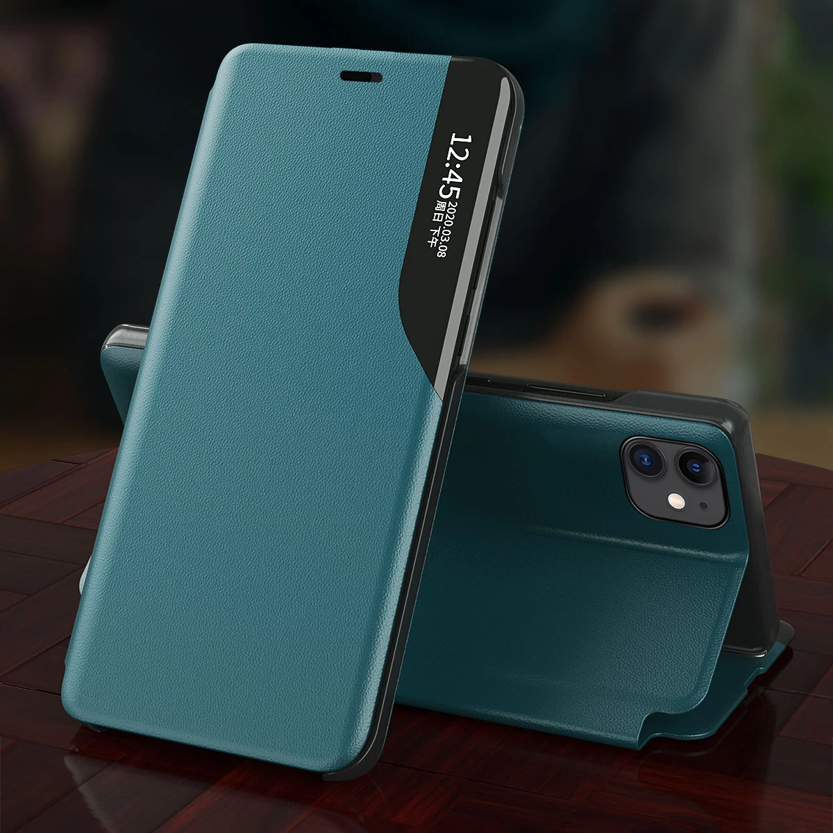 Mbështjellës Hurtel Eco Leather View Case për iPhone 13 Pro Max, me qëndrim, e zezë
