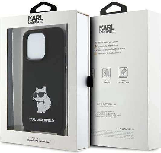 Mbështjellës Karl Lagerfeld Crossbody Silicone Choupette për iPhone 15 Pro Max, i zi, me rrip