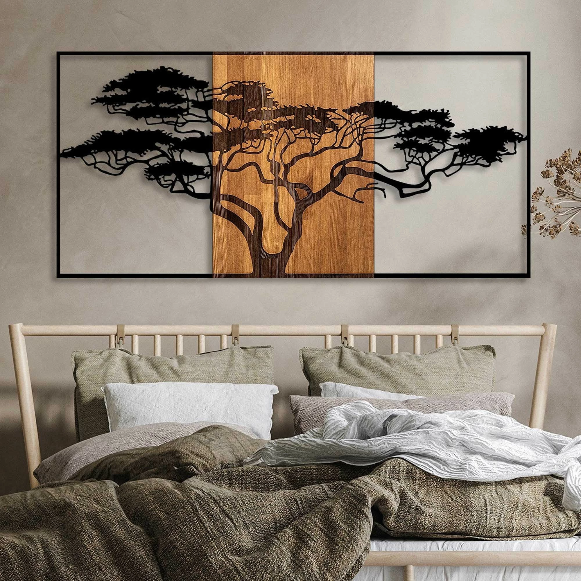 Aksesor dekorativ për mur, dru dhe metal, dizajn peme akacie, ngjyrë e zezë dhe arre, 147x3x70 cm