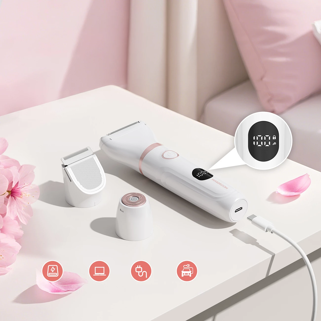 Trimer 3-në-1 për trup dhe fytyrë MAXGROOM M-105 (JK105), 600mAh, USB-C, me display LED, set me 3 koka + 2 krehëra + çantë, e bardhë