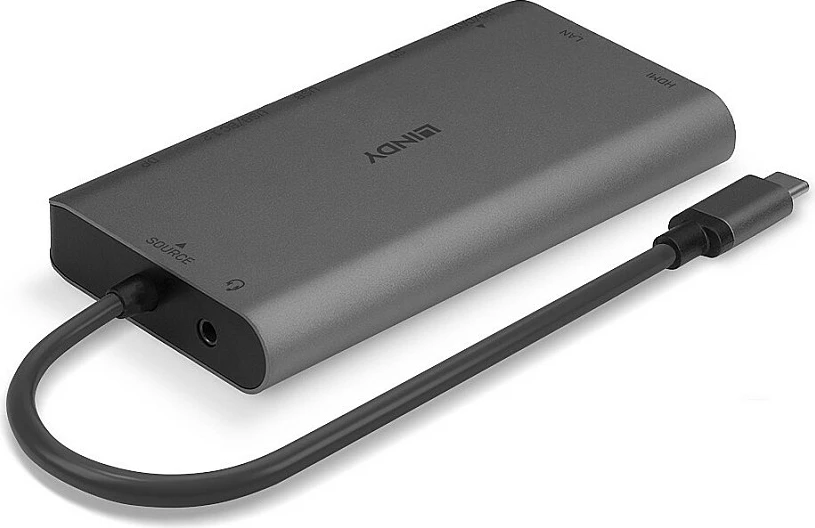 Mini docking stacion USB-C Lindy DST-Mini XT, 4K, 100W PD, Gigabit LAN, SD, HDMI/DP, zi/gri