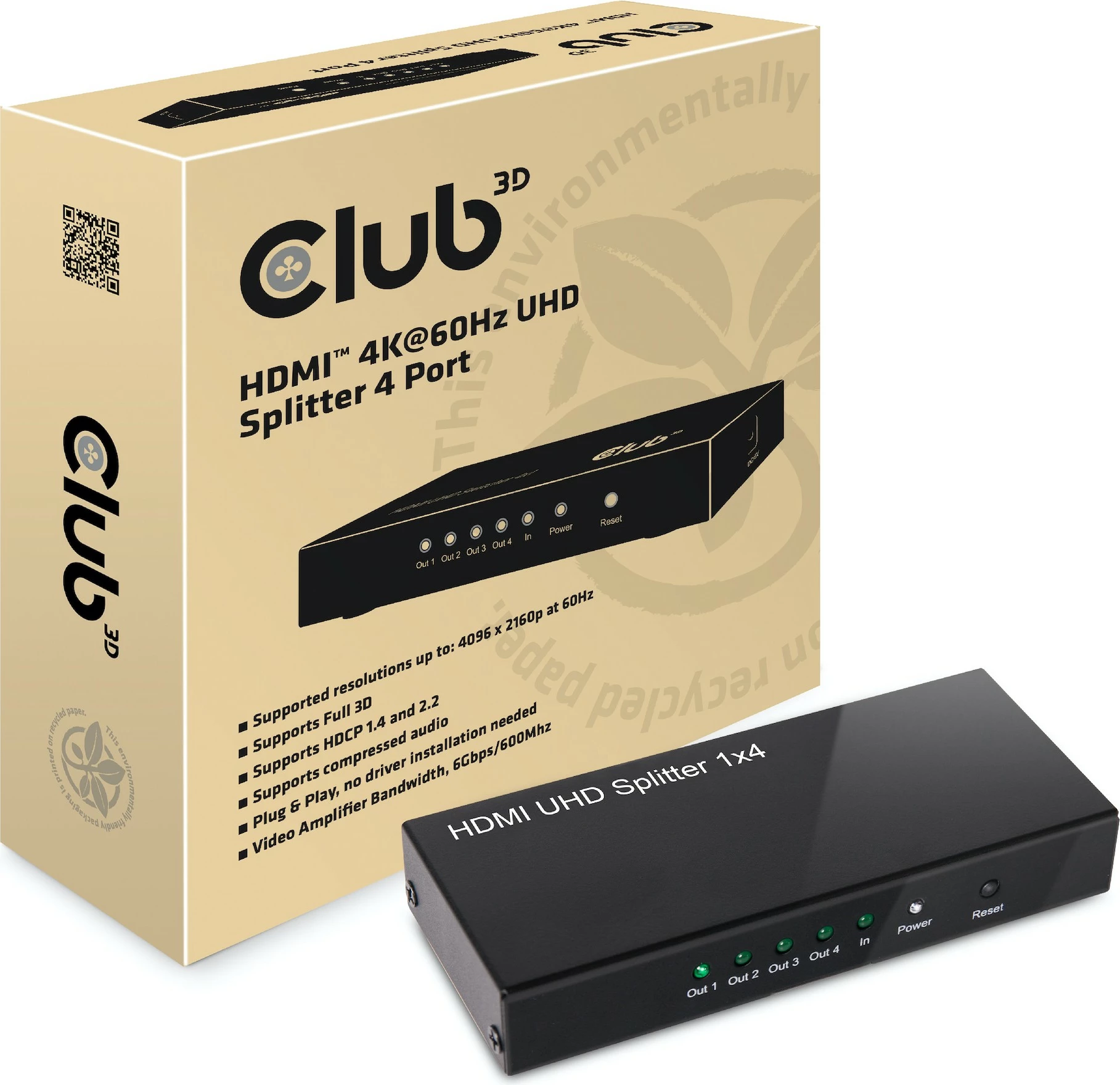 Splitter HDMI Club3D, 1 në 4, 4K60Hz, metal, i zi