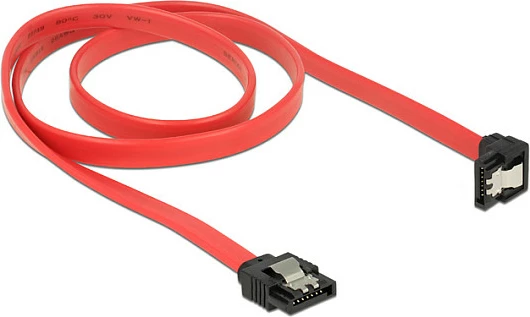 Kabllo SATA DeLOCK 83980, 0.7 m, 7-pin në 7-pin, këndore, e zezë/kuqe