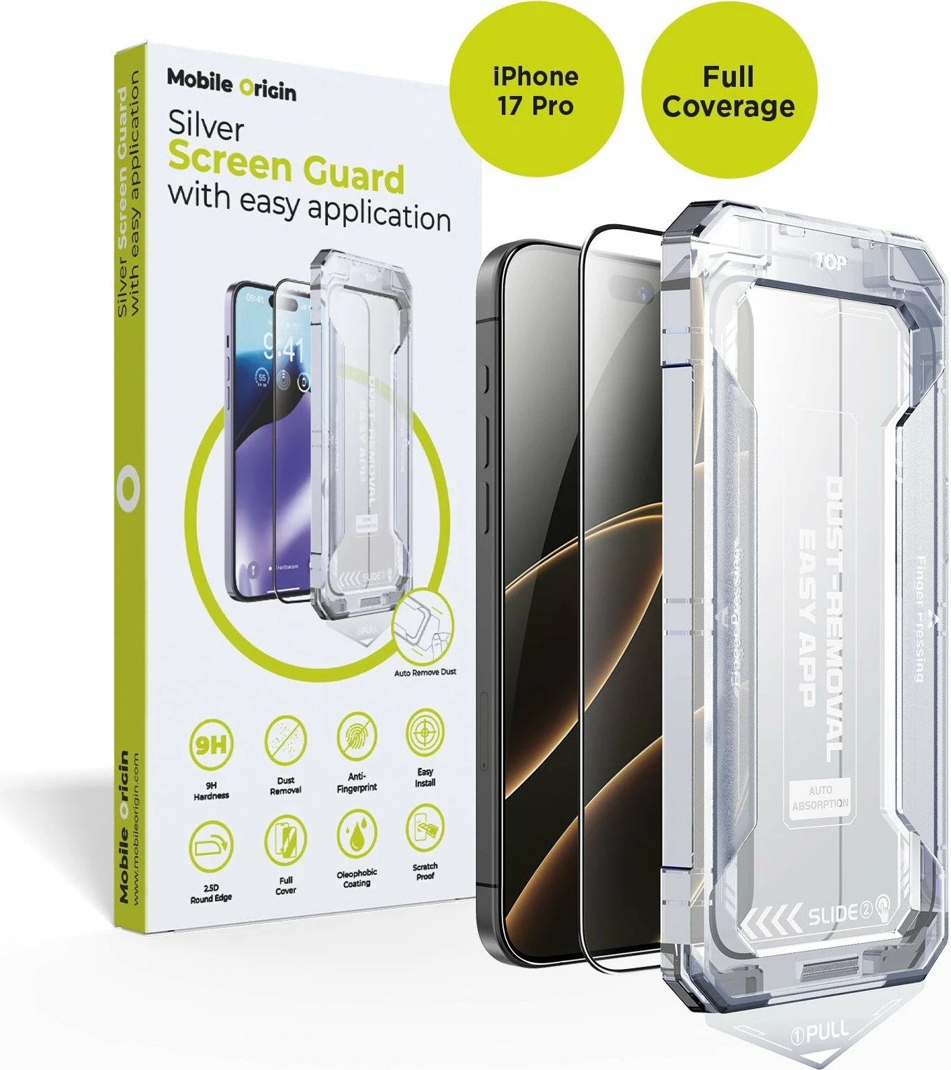 Mbrojtëse ekrani me qelq të kalitur Mobile Origin Screen Guard për iPhone 17 Pro, 9H, 0.33 mm, Full Coverage, me aplikator