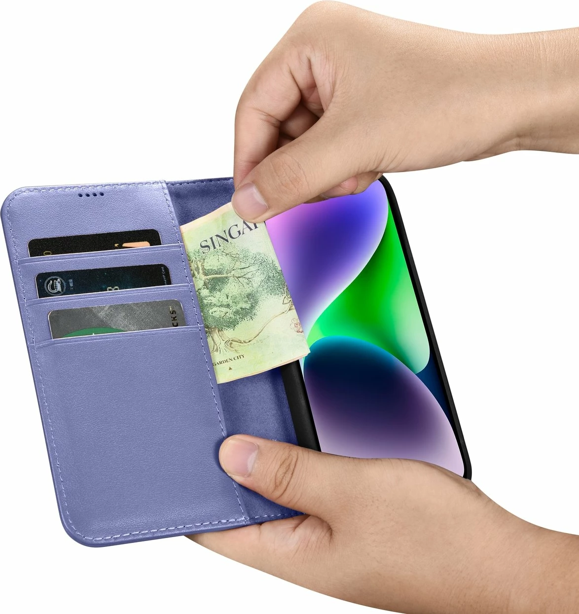 Mbështjellës iCarer Wallet Case 2in1 për iPhone 14 Plus, lëkurë natyrale, Anti-RFID, Vjollcë e çelët