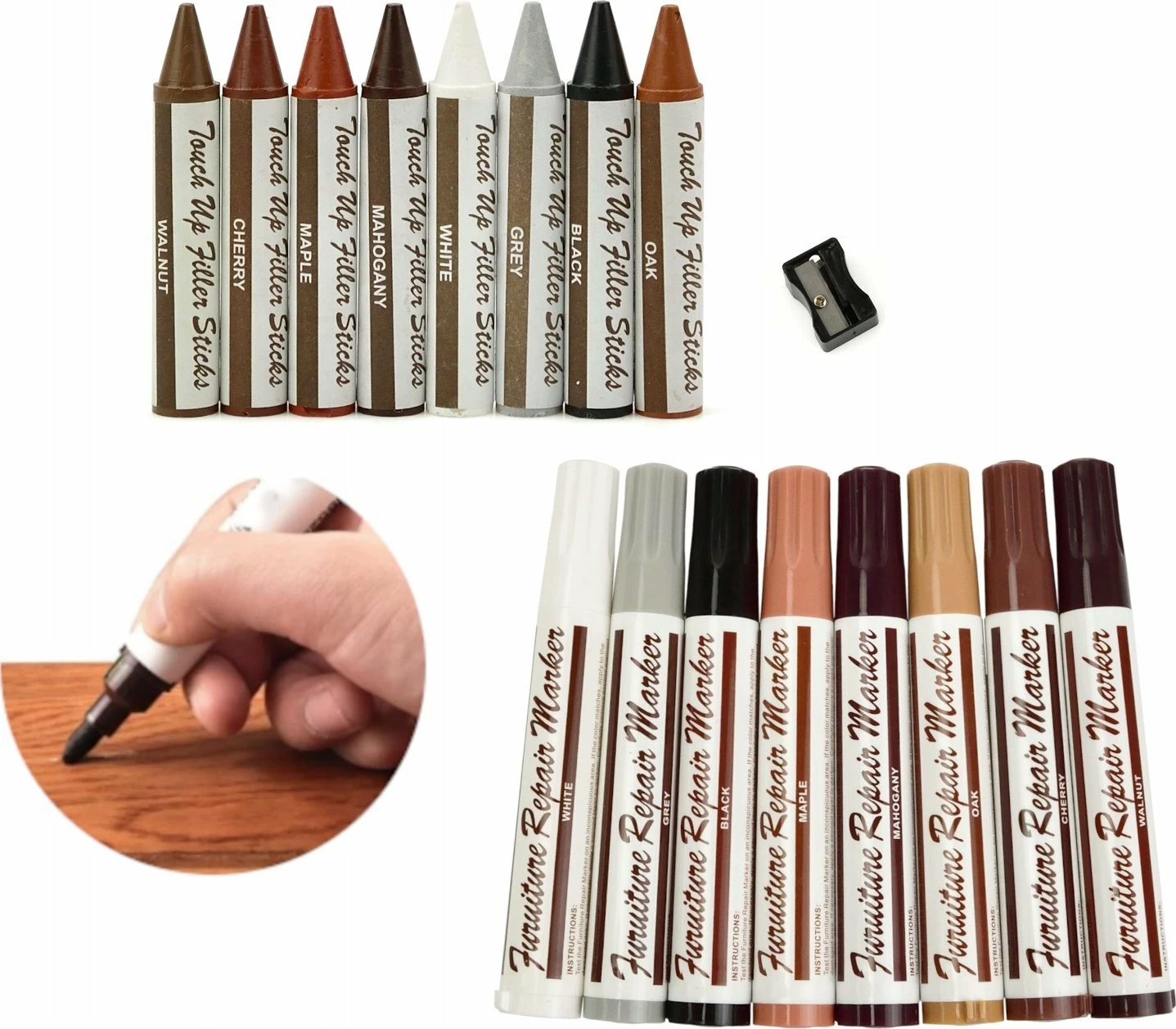 Set riparimi për panele dhe mobilje druri Geko 17 copë (10 ngjyra + marker transparent, dyll, mprehës, kuti)