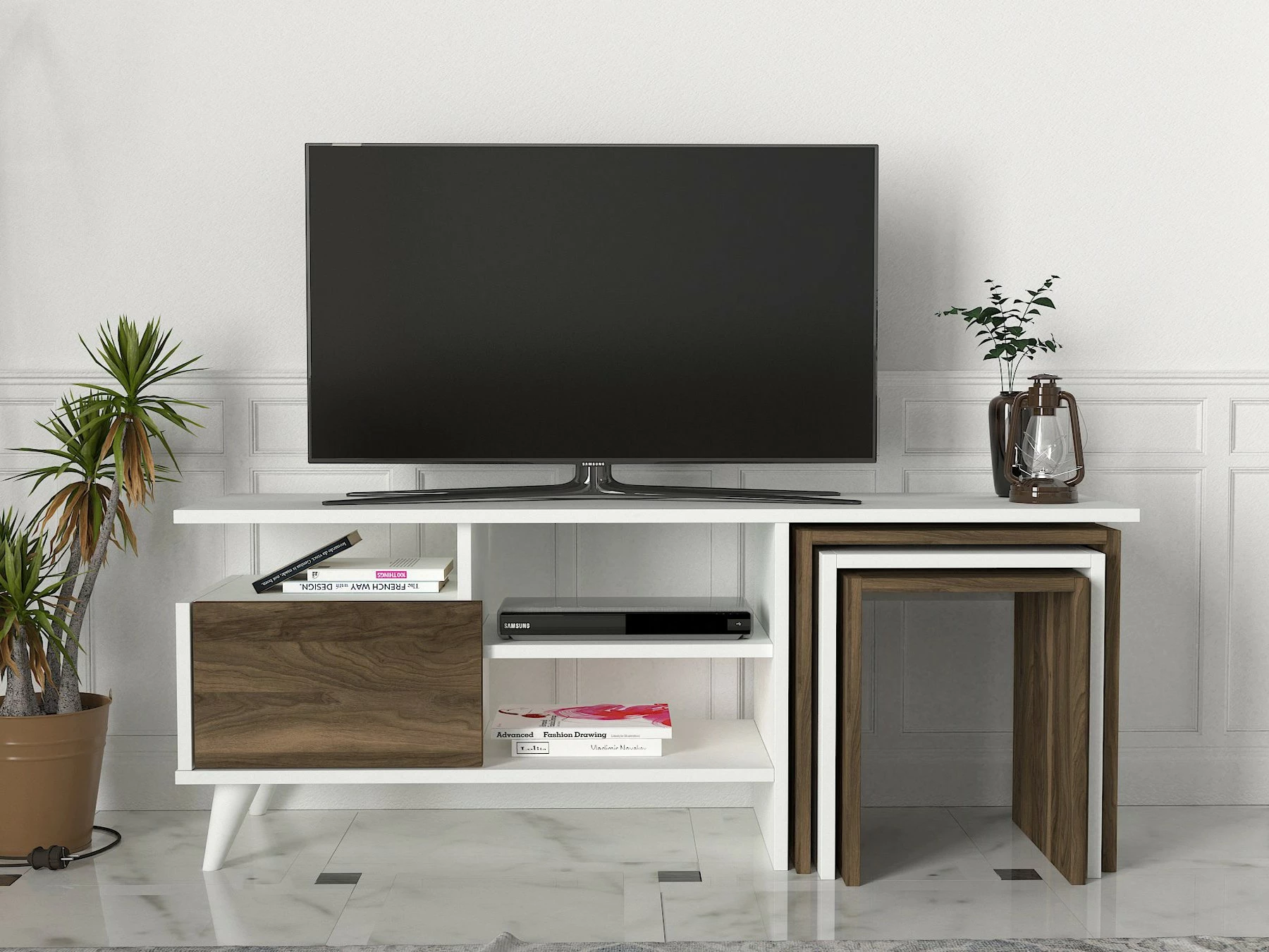 Njësi TV Skye Decor, ngjyrë natyrale - e bardhë, arre