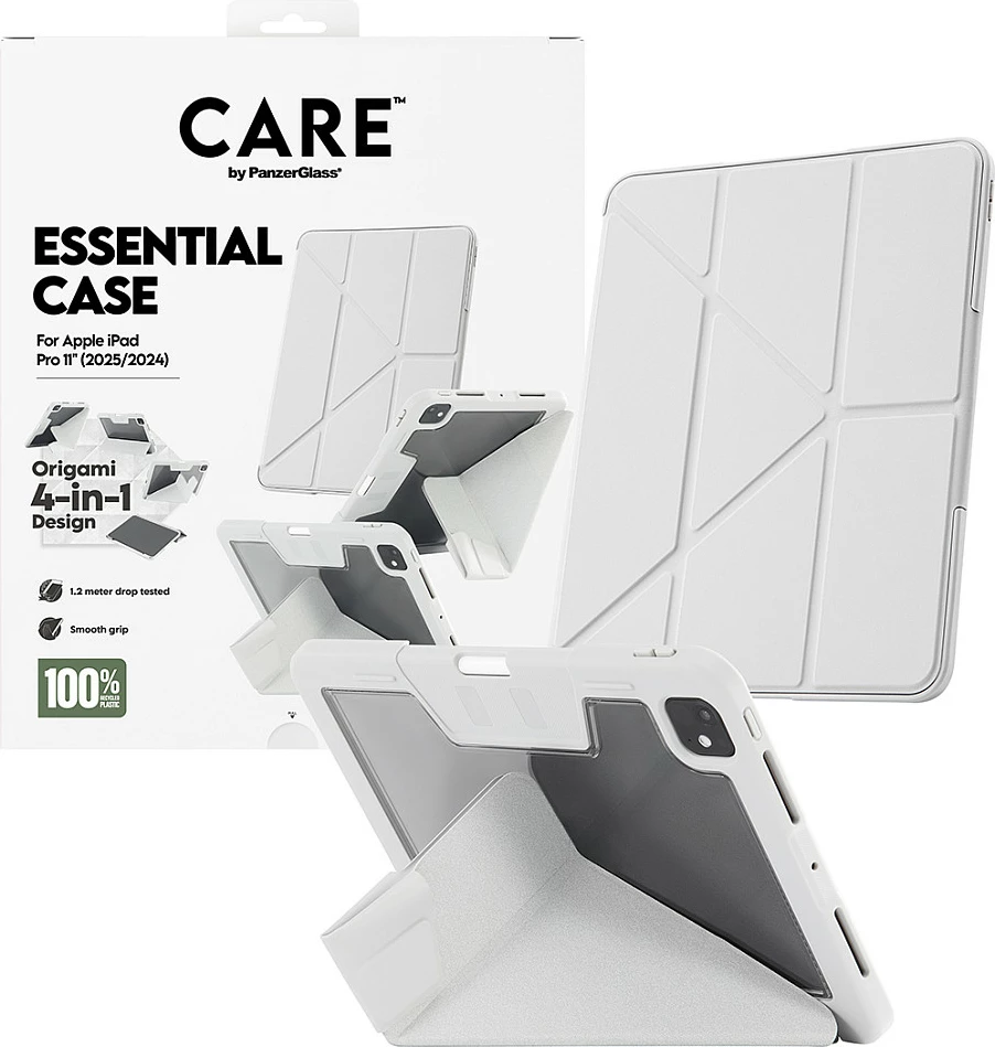 Mbështjellës për iPad PanzerGlass CARE Essential Case, iPad Pro 11" (2024/2025), origami 4-në-1, mbajtëse Apple Pencil, gri
