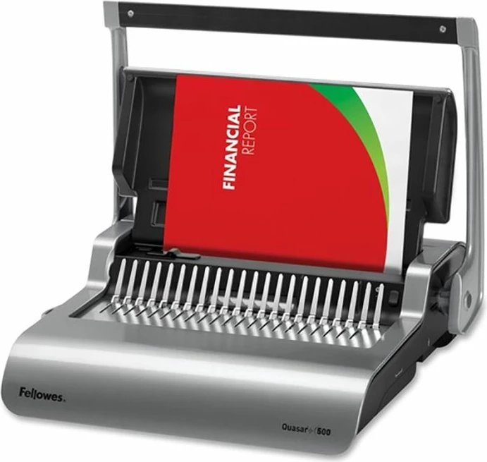 Makinë lidhëse dokumentesh Fellowes Quasar+ 500 (MPN 5627701), kapacitet lidhjeje 500 fletë, shpim 25 fletë, manuale, set fillestar 10 dokumente, argjend/zezë