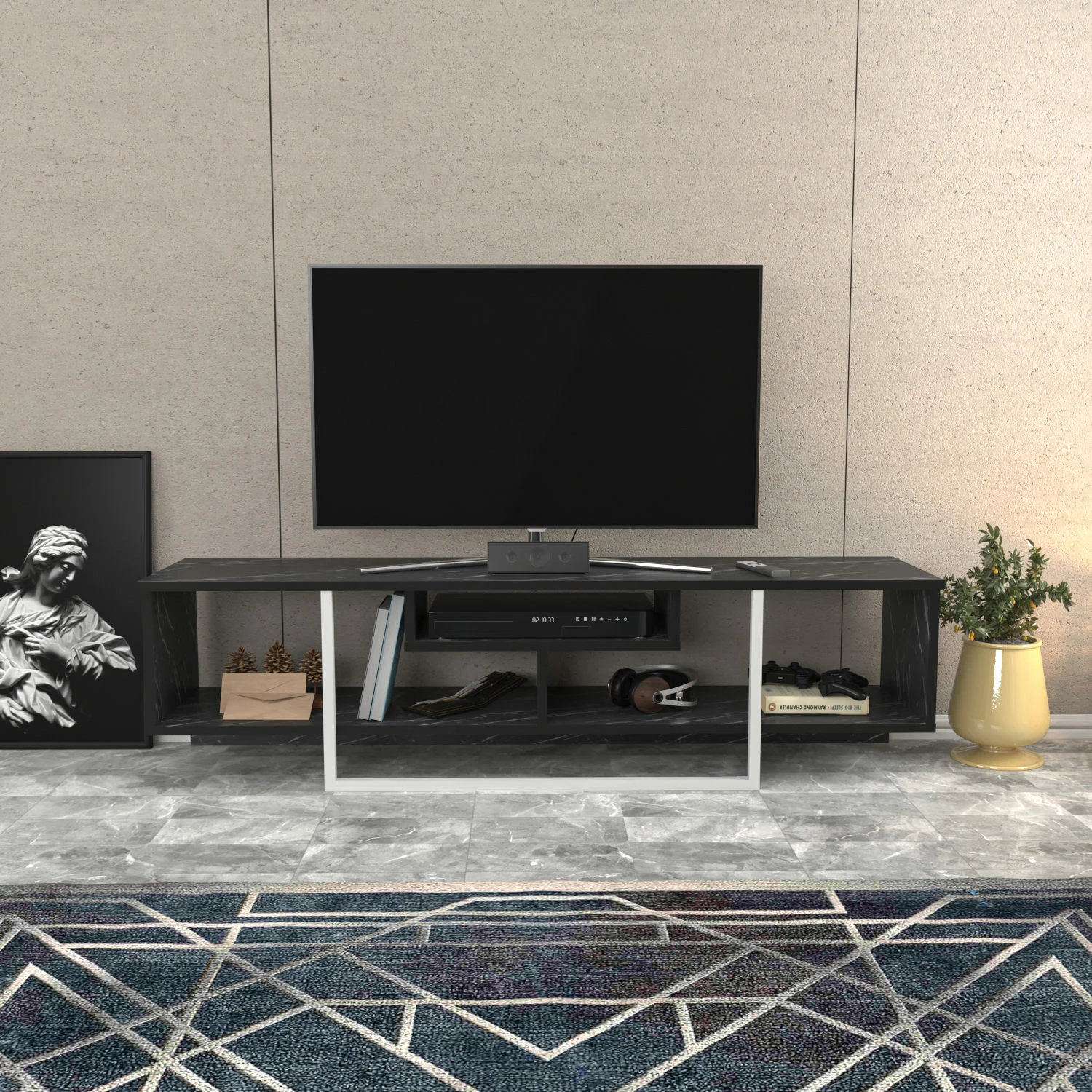 Komodë TV Skye Decor, Asal 150, e zezë dhe e bardhë