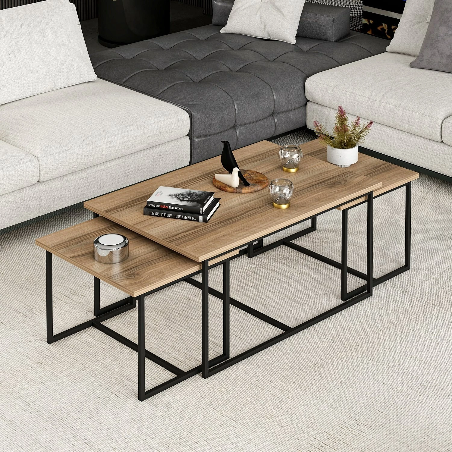 Set tavolinash të mbivendosura Hanah Home, Levada, ngjyrë arre, 3 copë