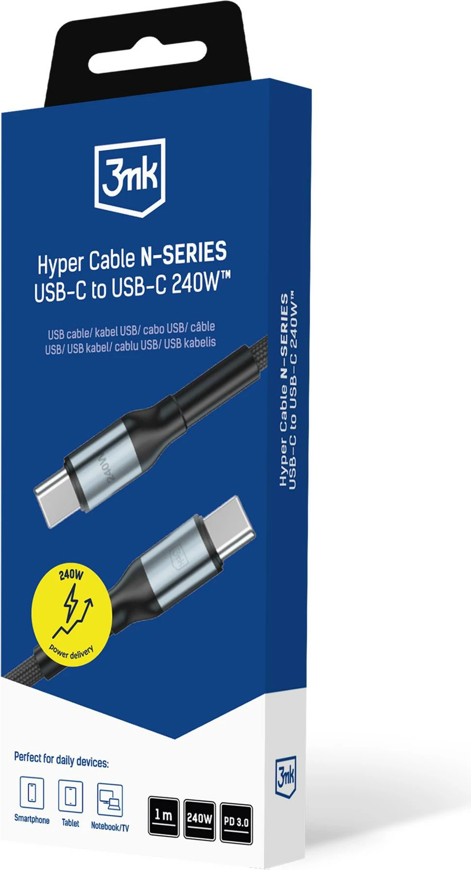 Kablë karikimi 3mk Hyper Cable N-SERIES USB-C/USB-C 1m 240W PD 3.0 QC 3.0, e zezë, paketim kuti