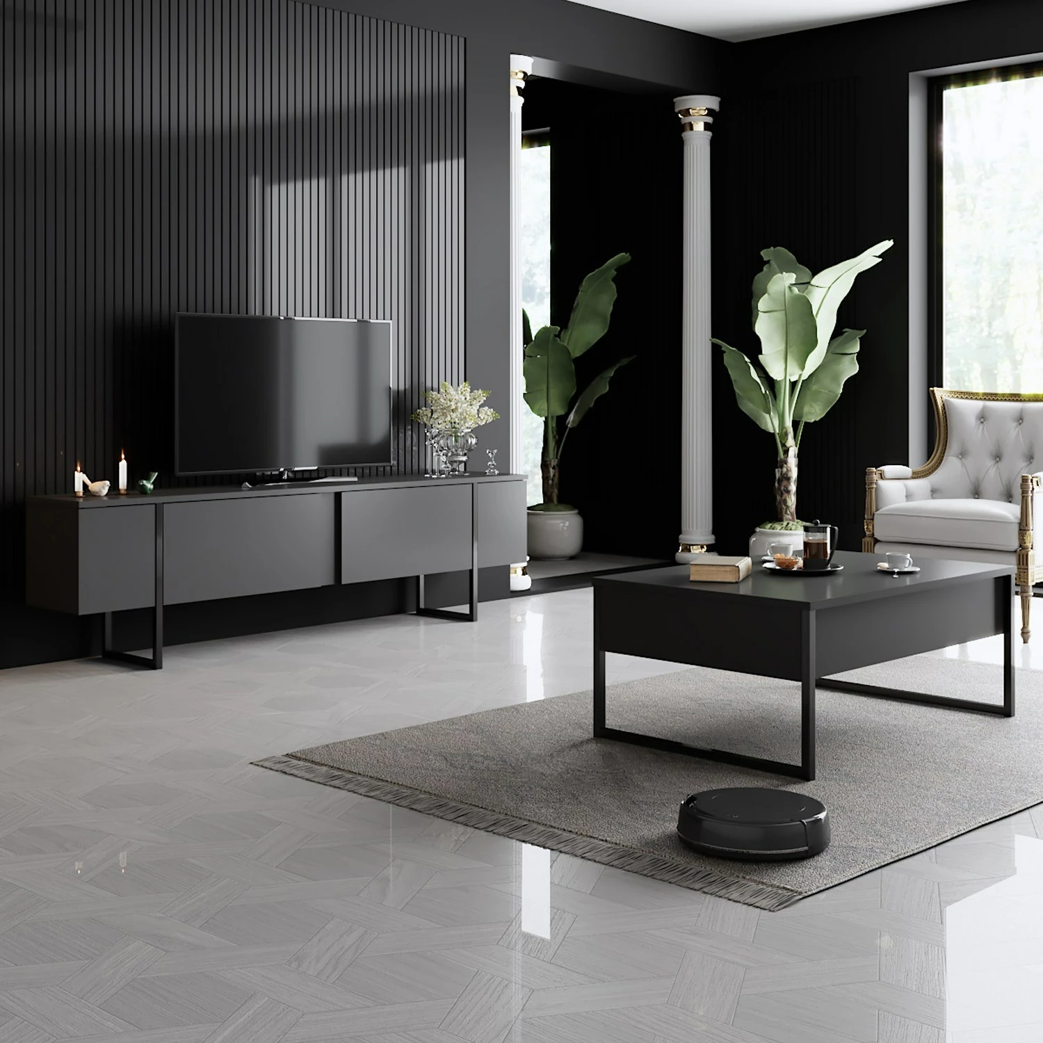 Set mobiljesh për dhomë dite, Luxe, antracit, e zezë