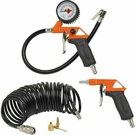 Set aksesorësh për kompresor Black&Decker 9045854BND, zorrë spirale 5 m, pistoletë ajri, pistoletë fryrjeje me manometër, 3 grykë (6 copë)