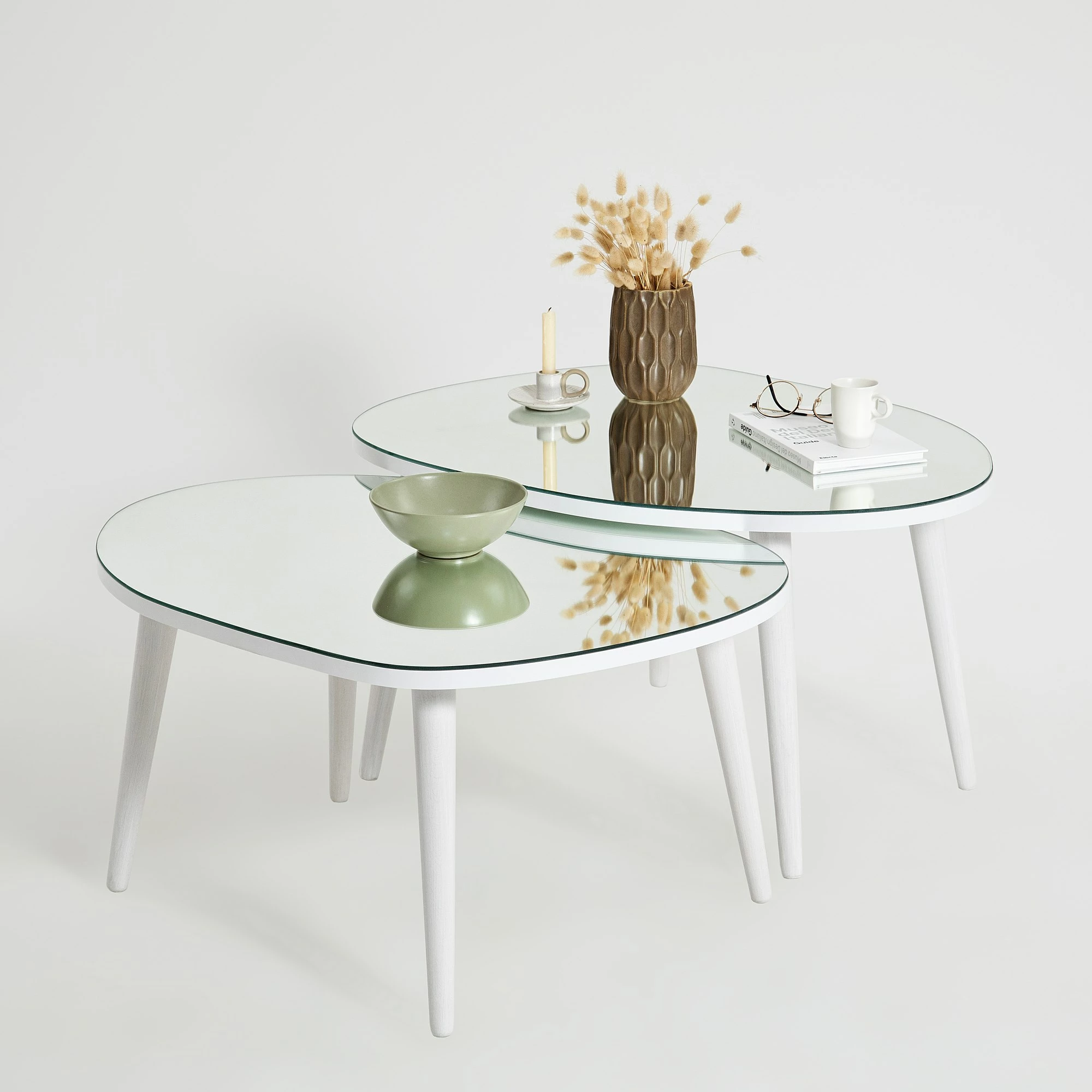 Set tavolinash ndihmëse, xham i temperuar, këmbë të bardha, Skye Decor, 2 copë