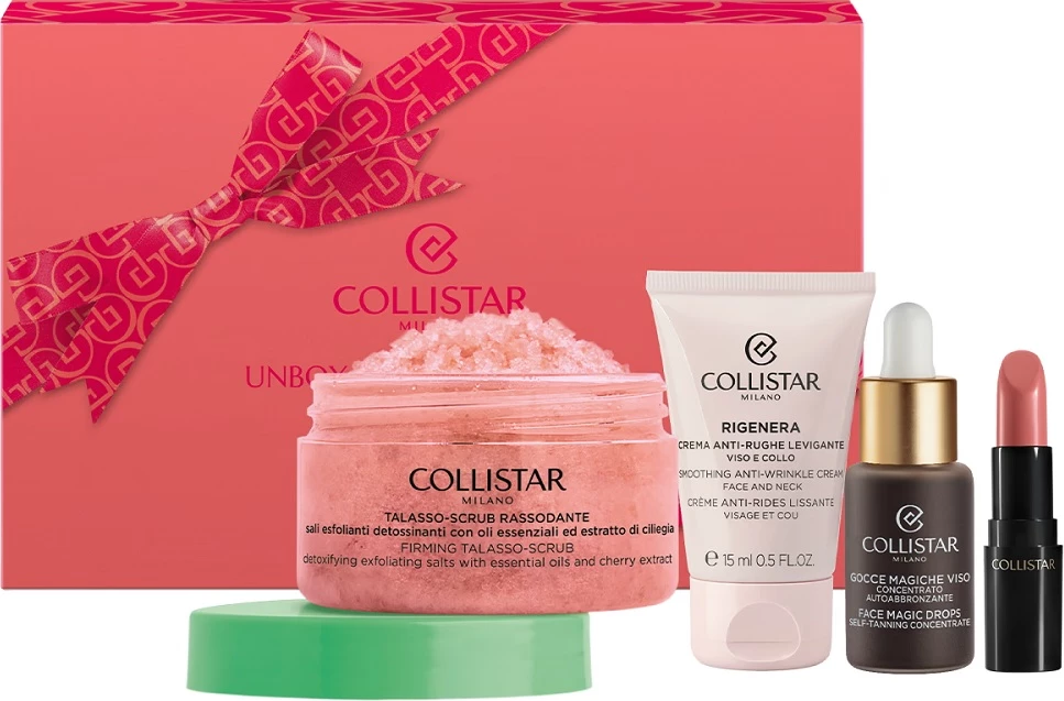 Set bukurie Collistar Unbox Your Uniqueness për femra, buzëkuq 102 Rose Antico, pika vetë-ngjyrosëse 10ml, krem kundër rrudhave 15ml, scrub trupi 70g