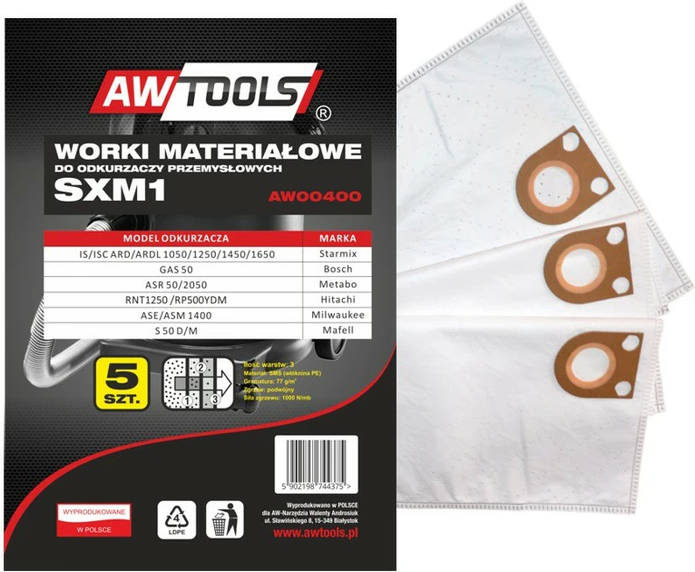Qese për fshesë me korrent AWTools SXM1 GAS 50/STARMIX, mikrofibër SMS 3-shtresore, 5 copë (AW00400)