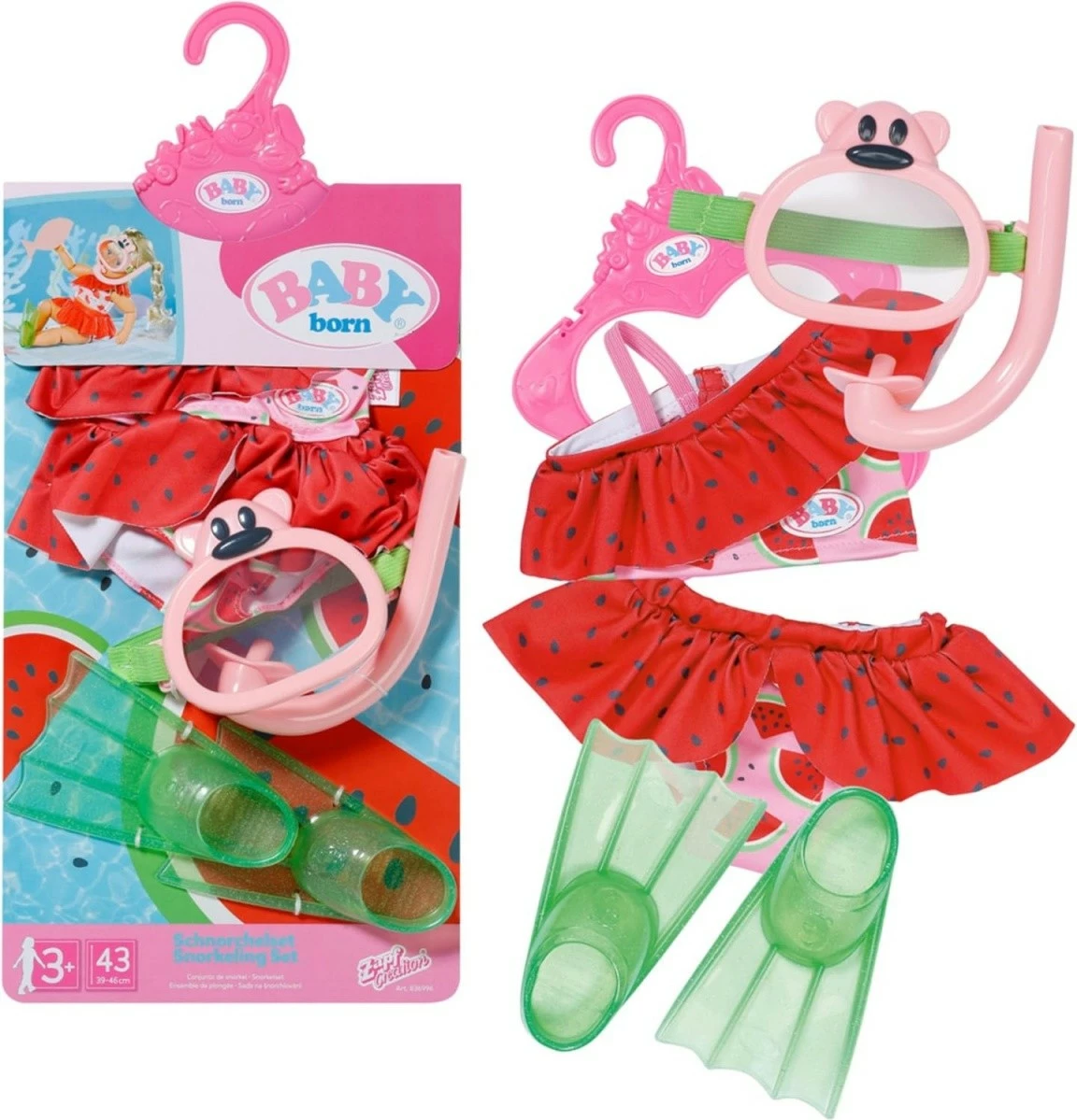 set zhytjeje për kukull, Baby Born, 836996-116724, përshtatje për kukulla 43 cm, me maskë snorkelingu dhe pala noti, rozë e kuqe
