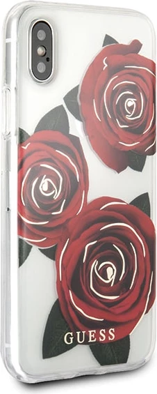 Mbështjellës Guess Flower Desire për iPhone X/XS, Transparent, me trëndafila të kuq