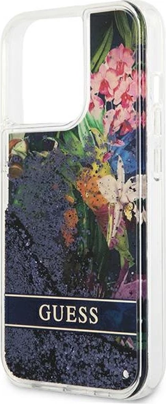Mbështjellës Guess Flower Liquid Glitter për iPhone 13 Pro Max, Blu