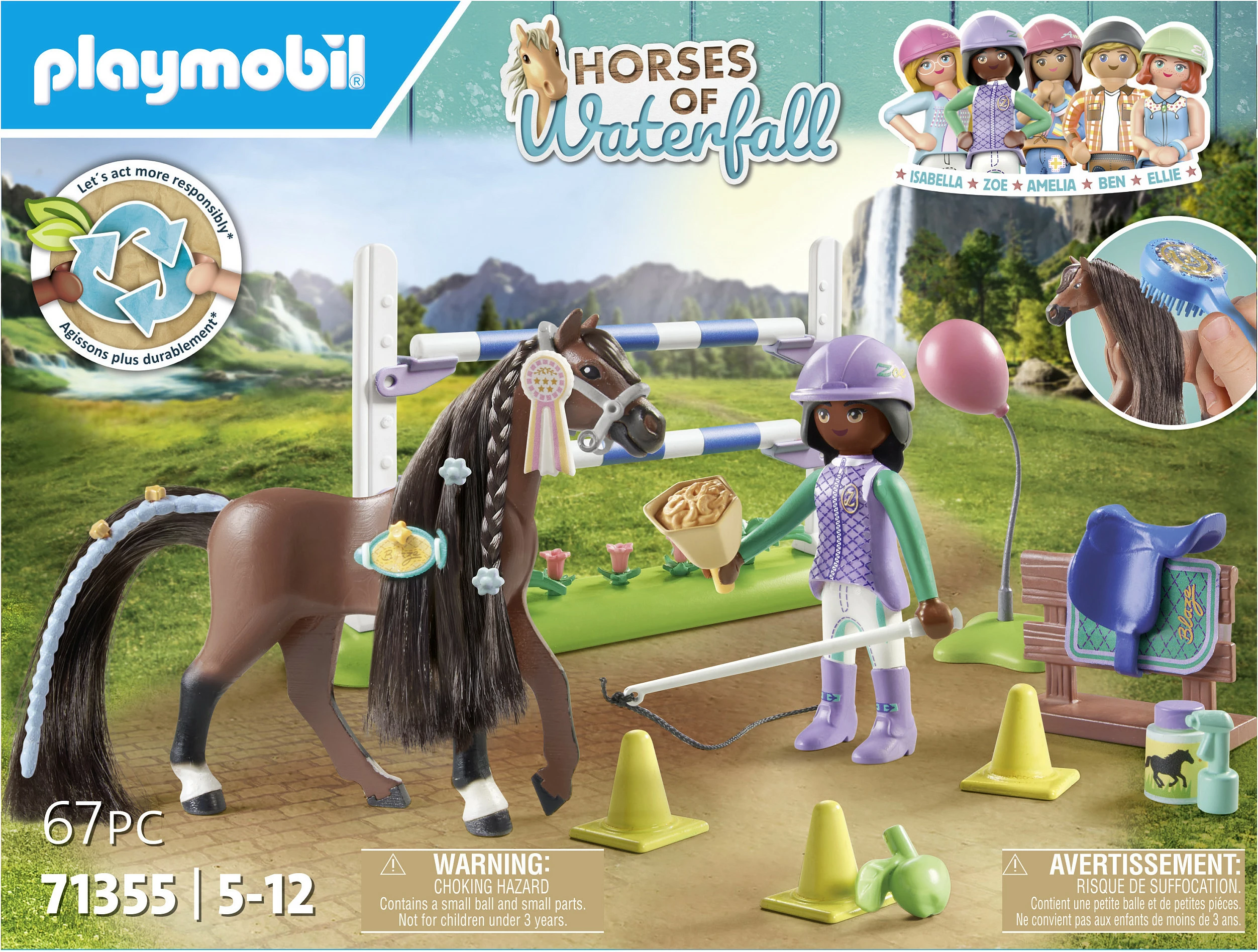 Set lodrash Playmobil 71355 Horses of Waterfall Zoe & Blaze, parcours turniri, 67 copë, shumëngjyrësh
