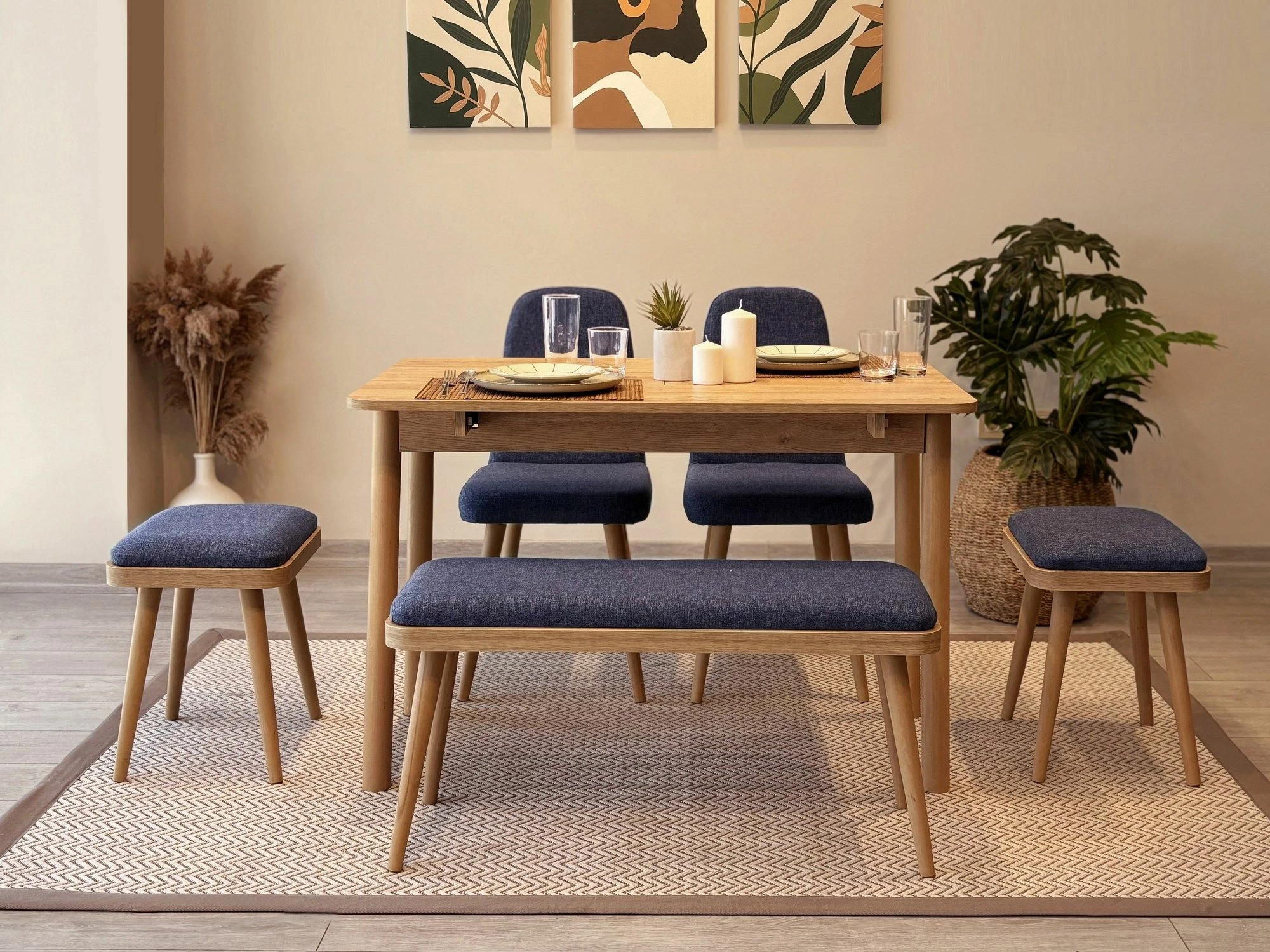 Tavolinë me karrige, set 6 pjesësh, ngjyrë lis dhe kaltër e errët, Vina Mini 03 1048