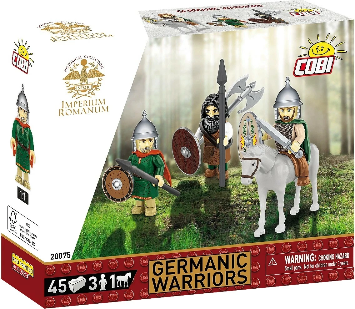 Set blloqe ndërtimi, Cobi, COBI-20075 Germanic Warriors, 45 pjesë, 3 figurina + kalë, seria Historical Collection Imperium Romanum, 6+ vjeç