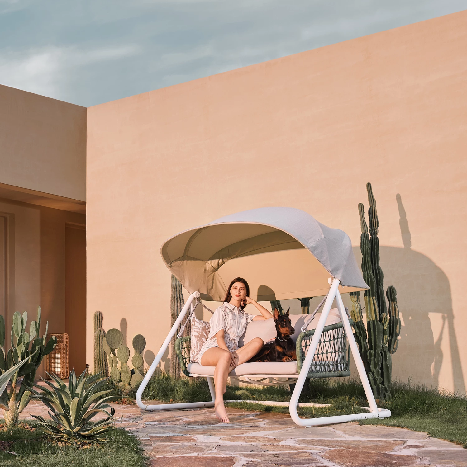 Luhatëse me tendë për jashtë, 3 vende, alumin ngjyrë fildishi, litar natyral, jastëkë bezhë, tendë e bardhë, EXCELSIOR CD6411.01, 185x134x175cm