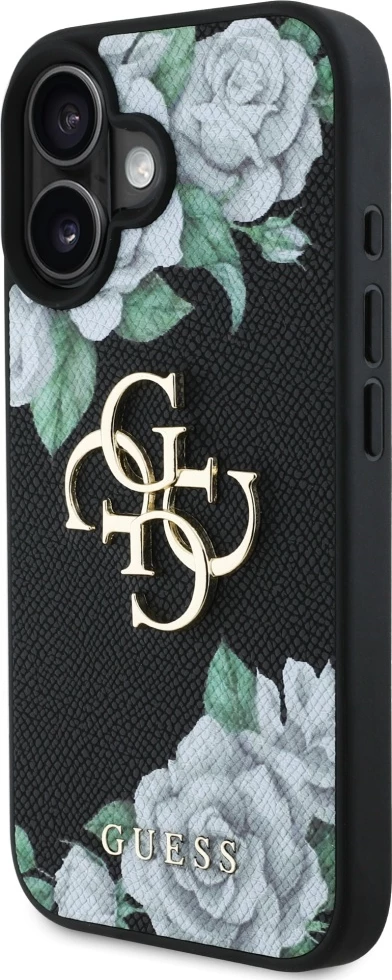 Mbështjellës Guess Grained Roses Big 4G logo për iPhone 16, i zi