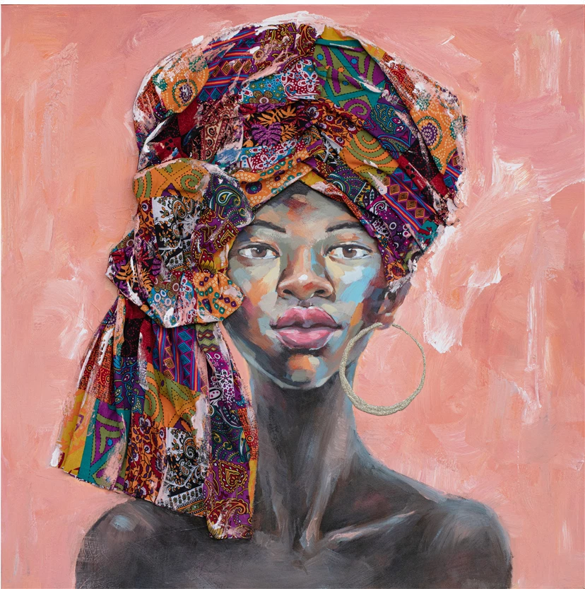 Pikturë dekorative vajze afrikane, shumëngjyrëshe, kanavacë dhe dru, 80x80x4cm