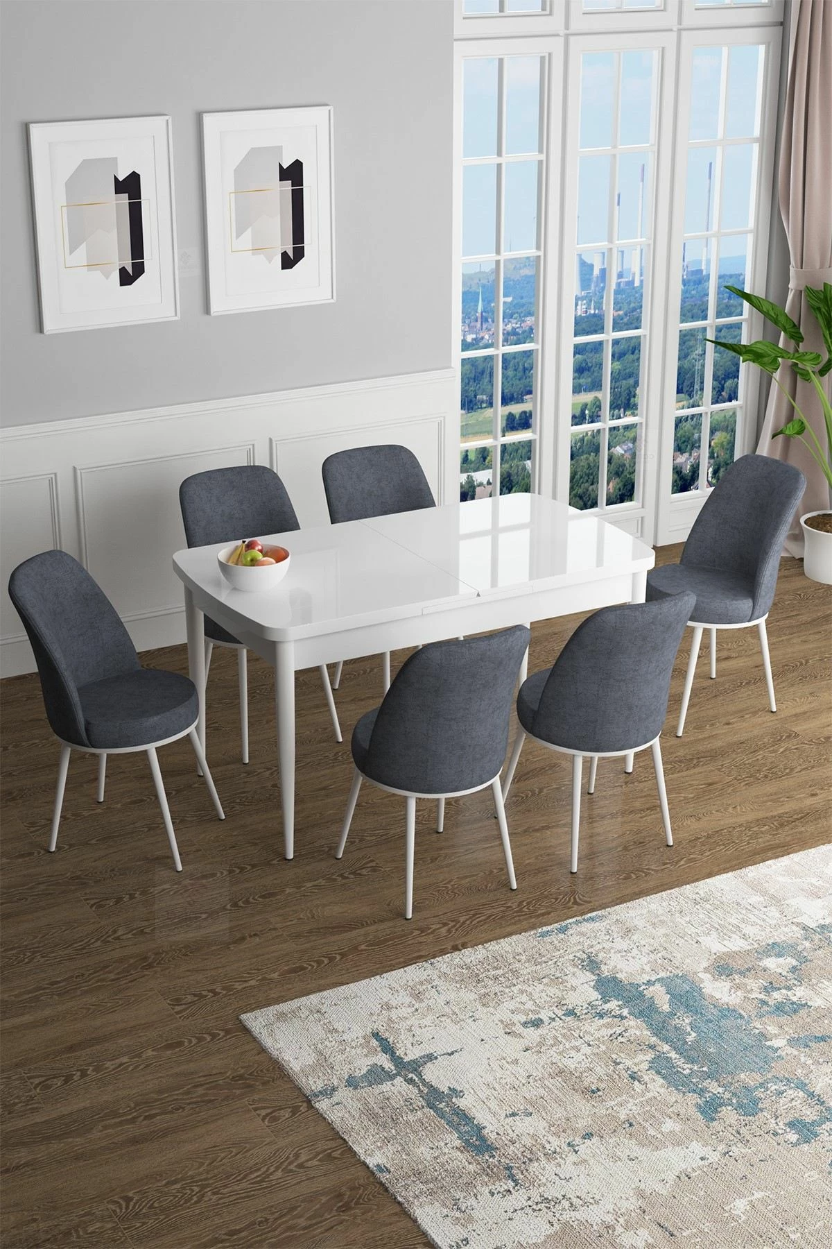 Set tavolinë me karrige për ngrënie, zgjatues, 7 copë, Skye Decor, Han, e bardhë, fume