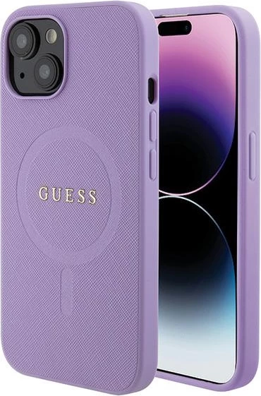 Mbështjellës Guess GUHMP15SPSAHMCU për iPhone 15 6.1", Saffiano MagSafe, vjollcë