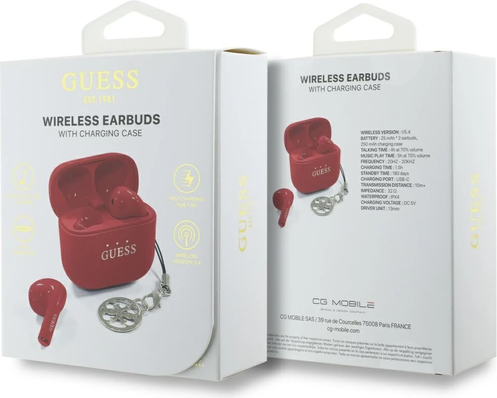 Kufje TWS Guess Glossy Effect me logo dhe varëse, Bluetooth 5.4, të kuqe