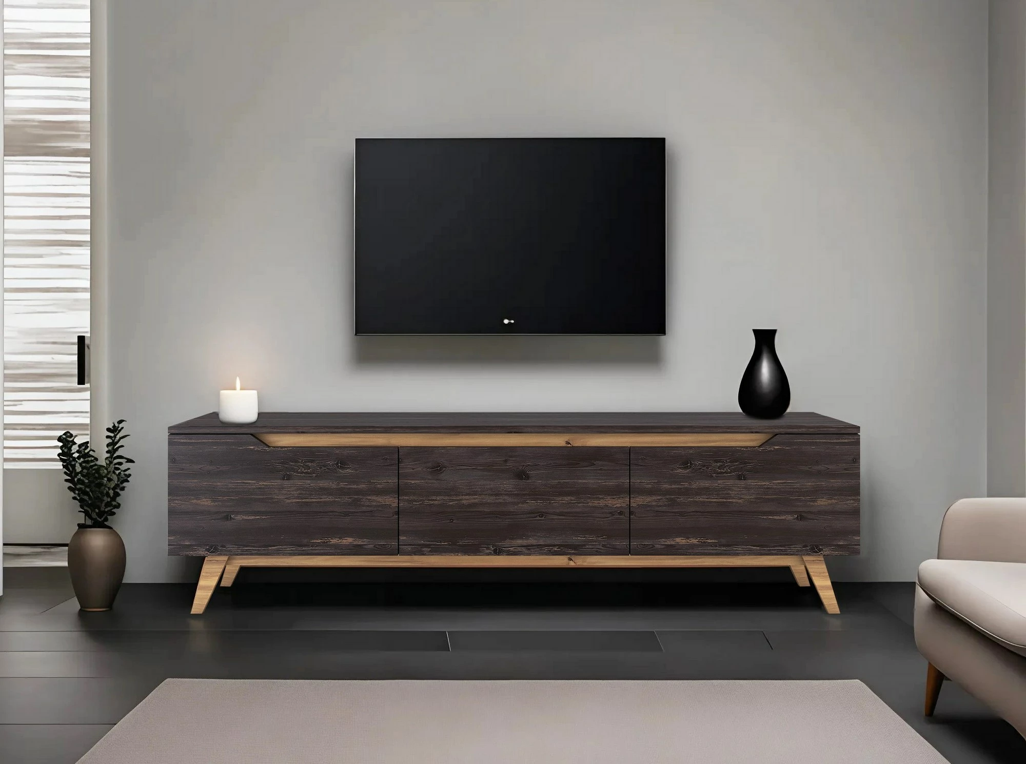 Komodë TV Skye Decor, D1 - 1009, ngjyrë e zezë dhe arre
