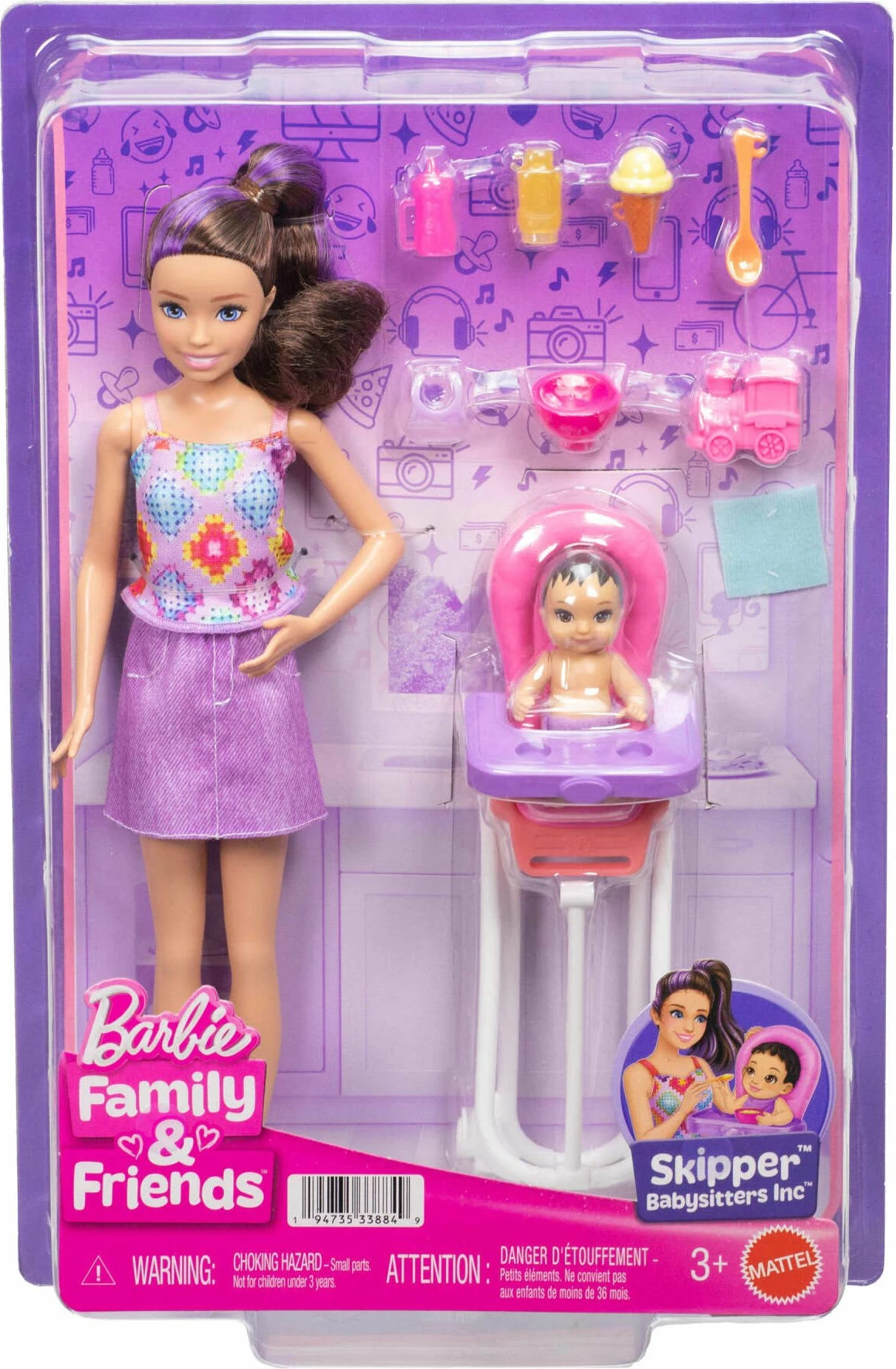 Set kukullash Mattel Barbie Skipper Babysitters Club JJB44, 2 kukulla me bebe, karrige ushqimi dhe 8 aksesorë