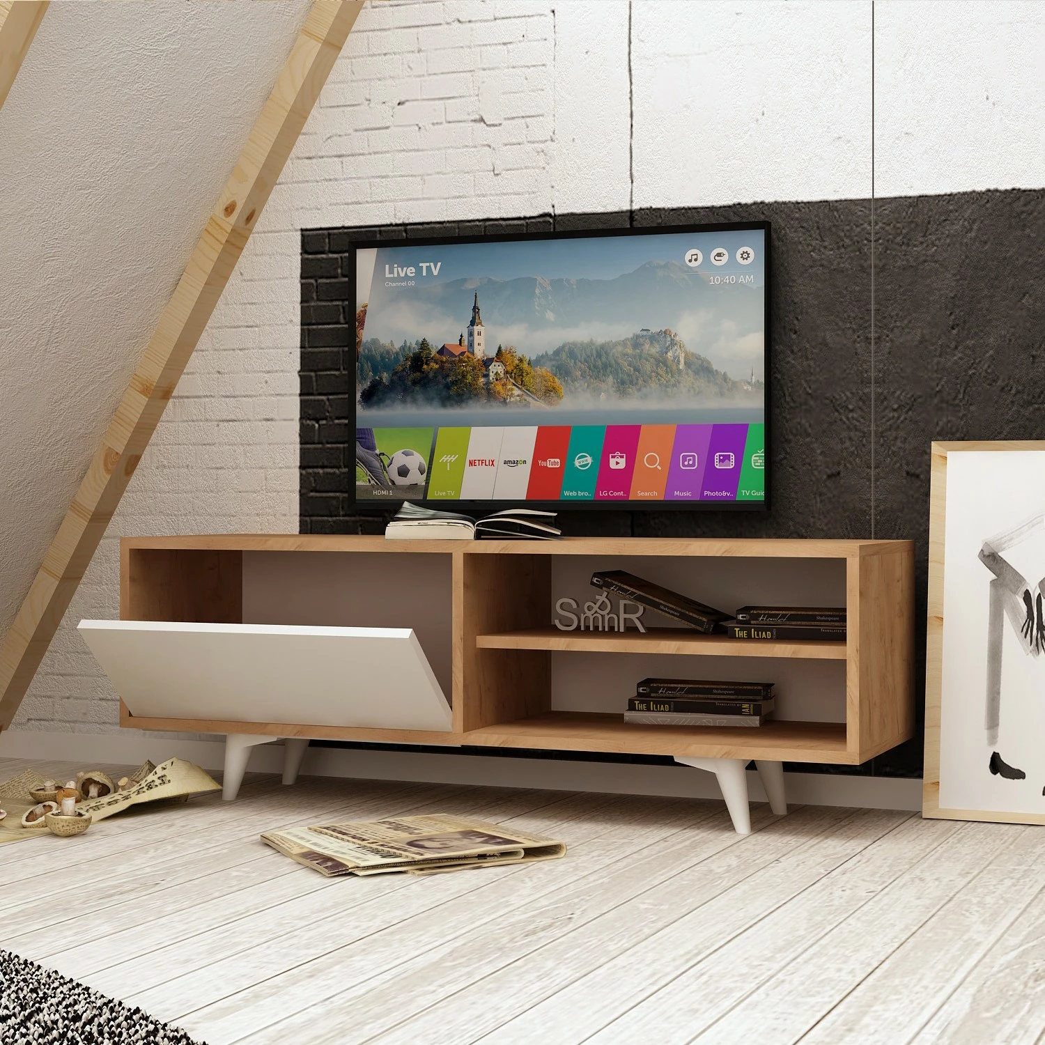 Komodë TV Hanah Home, Maku, ngjyrë lis dhe e bardhë