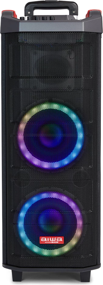 Altoparlant portativ Bluetooth Aiwa KBTUS-608 80 W RMS me drita RGB, me karrocë me rrota, i zi, me 2 mikrofonë wireless