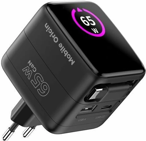 Karikues Mobile Origin PW3 (MO-65WDCH-PW3) 65W GaN, TFT display, 1x USB-A + 1x USB-C, kabllo USB-C e integrume, i zi